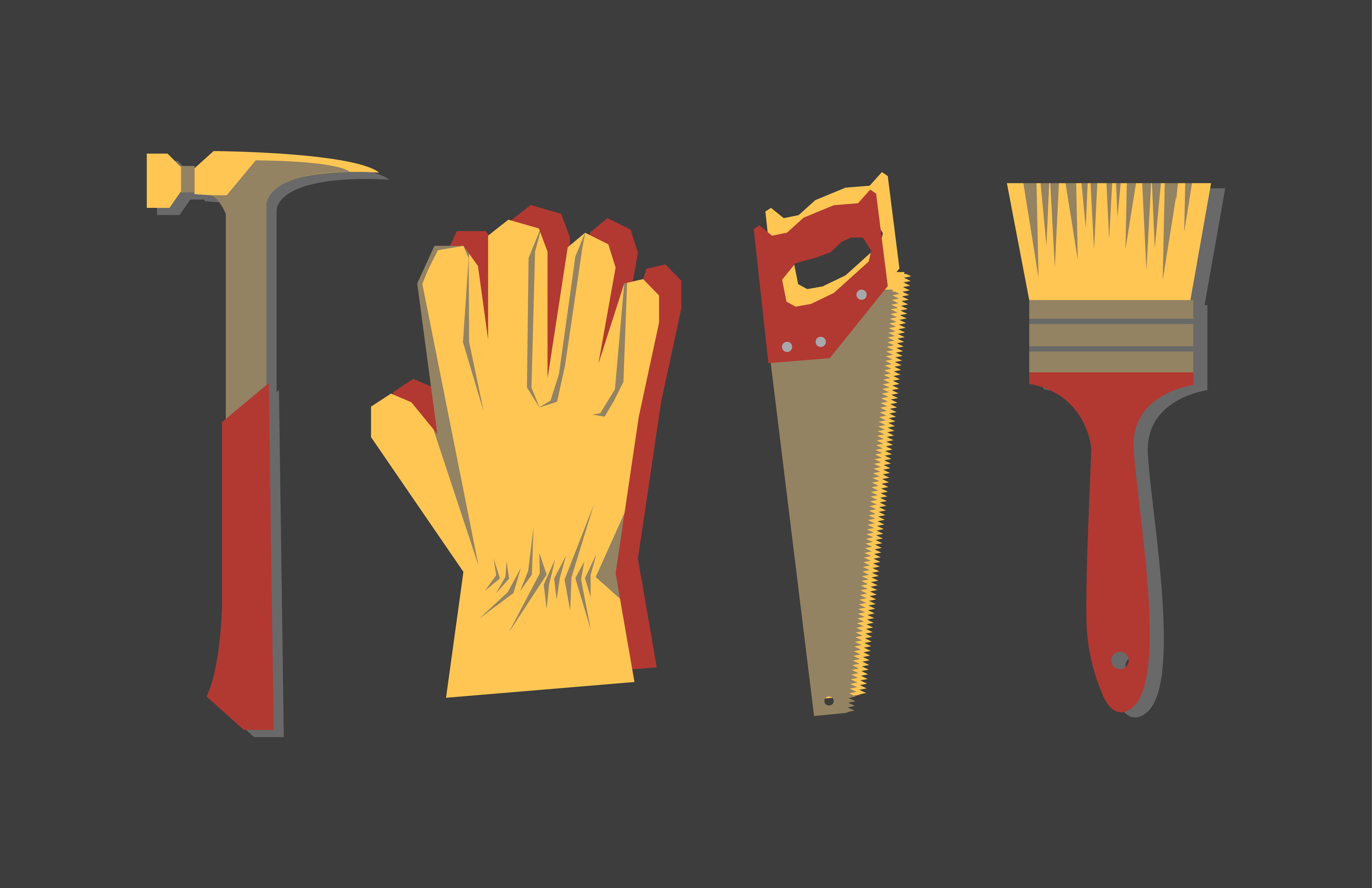 A graphic of a hammer, glove, saw and paintbrush