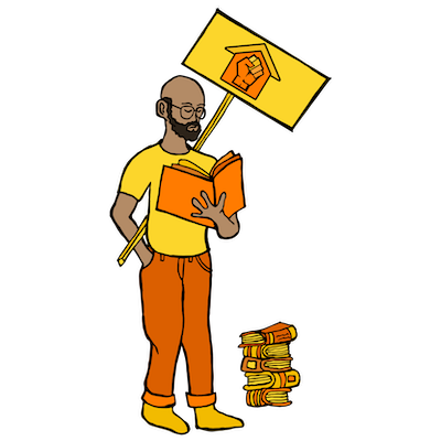 Illustration of a person crouching holding a sign with the IX Logo
